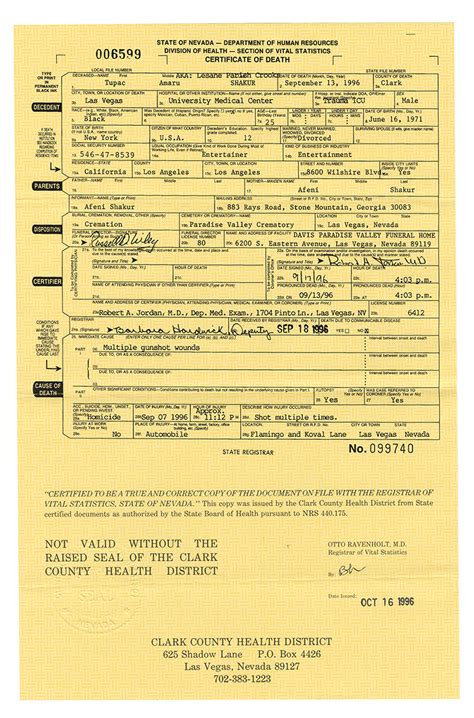 Tupac Shakur's original death certificate which reveals.